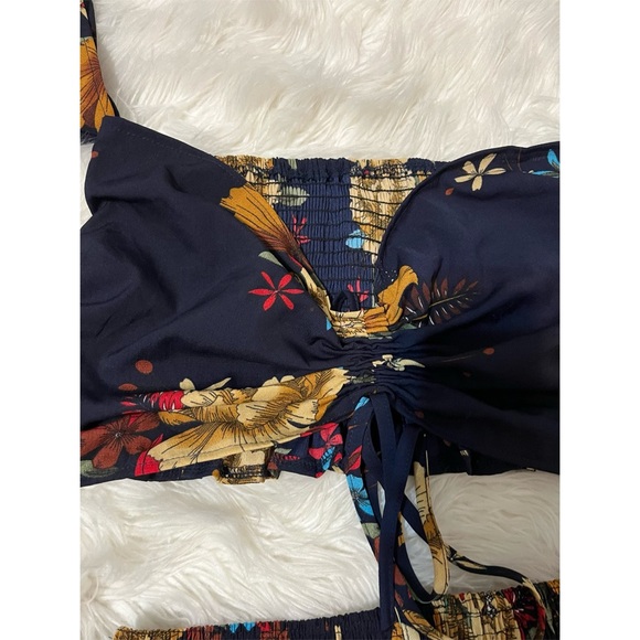 Women's 2Piece Outfit Off Shoulder Floral Smocked Drawstring&Crop Top&Shorts Set - Picture 3 of 8